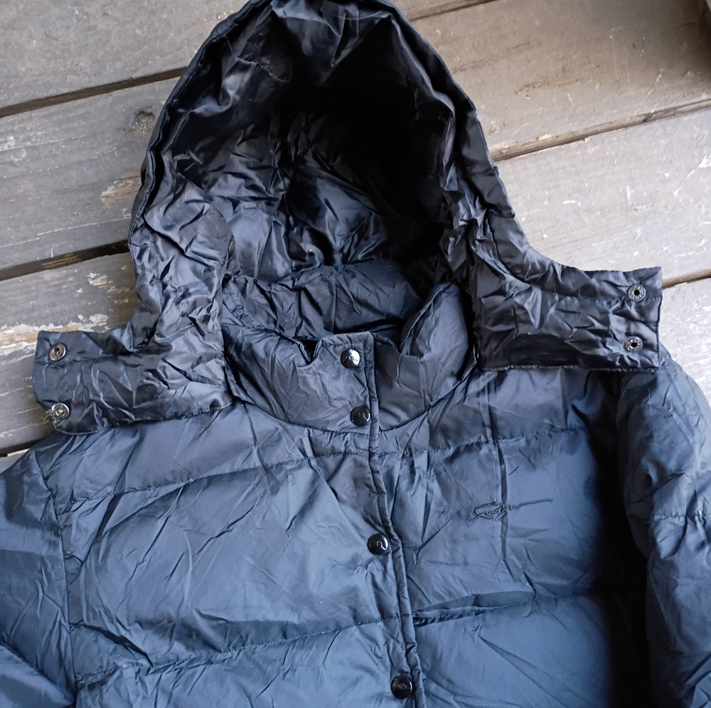 FUBU Vintage Women's Puffer Trench Black Hooded Coat Size Small - Picture 5 of 9